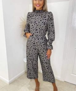 AX Paris Jumpsuits And Playsuits Grey Spot Printed High Neck Long Sleeve Jumpsuit