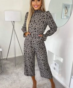 AX Paris Jumpsuits And Playsuits Grey Spot Printed High Neck Long Sleeve Jumpsuit