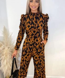AX Paris Camel Animal Printed Ruched Sleeve Jumpsuit