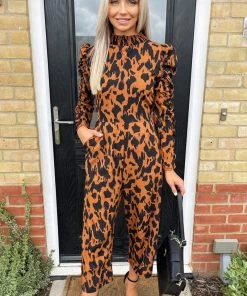 AX Paris Camel Animal Printed Ruched Sleeve Jumpsuit