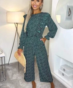 AX Paris Forest Green Printed Frill Front Tie Jumpsuit Jumpsuits And Playsuits