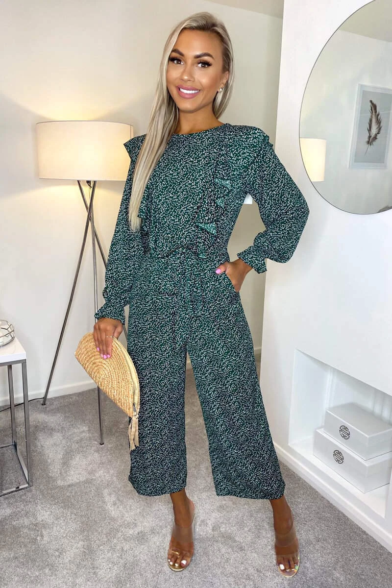 AX Paris Forest Green Printed Frill Front Tie Jumpsuit Jumpsuits And Playsuits 1 AX Paris Forest Green Printed Frill Front Tie Jumpsuit Jumpsuits And Playsuits