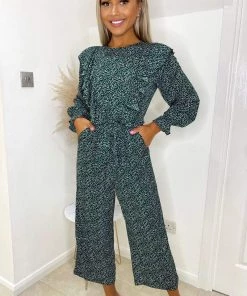 AX Paris Forest Green Printed Frill Front Tie Jumpsuit Jumpsuits And Playsuits
