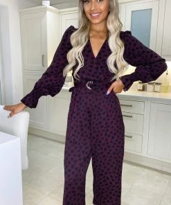 AX Paris Jumpsuits And Playsuits Plum Printed Long Sleeve Jumpsuit
