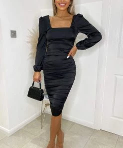 AX Paris Black Satin Square Neck Ruched Dress