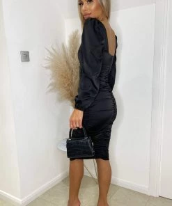 AX Paris Black Satin Square Neck Ruched Dress