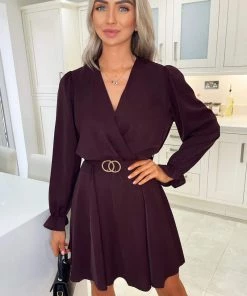 AX Paris Dresses Plum Wrap Over Belted Skater Dress