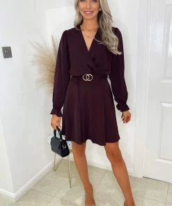 AX Paris Dresses Plum Wrap Over Belted Skater Dress