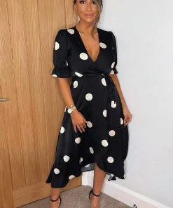 AX Paris Black And Stone Polka Dot Wrap Side Tie Midi Dress