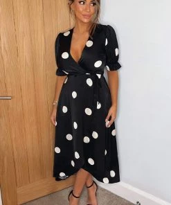 AX Paris Black And Stone Polka Dot Wrap Side Tie Midi Dress