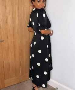 AX Paris Black And Stone Polka Dot Wrap Side Tie Midi Dress