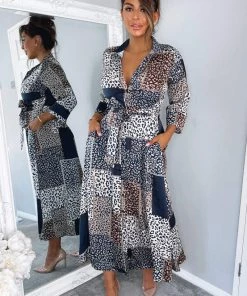 AX Paris Dresses Navy Animal Print Button Up Midi Dress