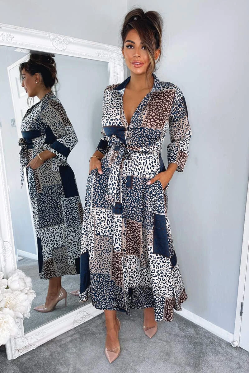 AX Paris Dresses Navy Animal Print Button Up Midi Dress 1 AX Paris Dresses Navy Animal Print Button Up Midi Dress
