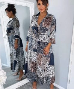 AX Paris Dresses Navy Animal Print Button Up Midi Dress