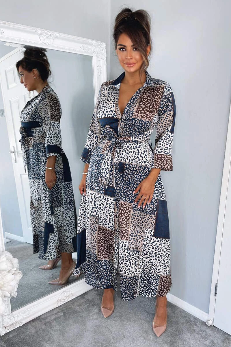 AX Paris Dresses Navy Animal Print Button Up Midi Dress 2 AX Paris Dresses Navy Animal Print Button Up Midi Dress