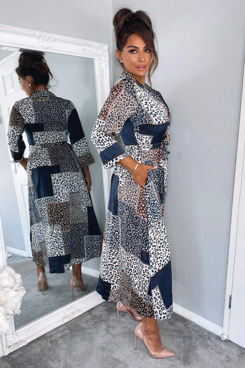 AX Paris Dresses Navy Animal Print Button Up Midi Dress 3 AX Paris Dresses Navy Animal Print Button Up Midi Dress