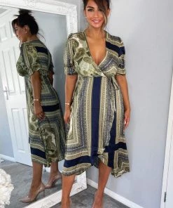 AX Paris Dresses Khaki Scarf Print Wrap Midi Dress