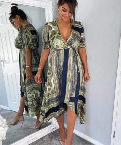 AX Paris Dresses Khaki Scarf Print Wrap Midi Dress