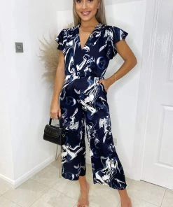 AX Paris Navy Marble Print Wrap Over Frill Sleeve Jumpsuit Jumpsuits And Playsuits