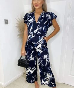 AX Paris Navy Marble Print Wrap Over Frill Sleeve Jumpsuit Jumpsuits And Playsuits