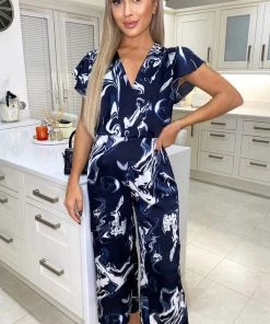 AX Paris Navy Marble Print Wrap Over Frill Sleeve Jumpsuit Jumpsuits And Playsuits