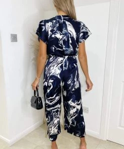 AX Paris Navy Marble Print Wrap Over Frill Sleeve Jumpsuit Jumpsuits And Playsuits