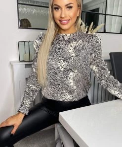 AX Paris Tops Black And Stone Printed Long Sleeve Blouse