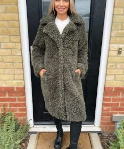 AX Paris Khaki Long Line Teddy Faux Fur Coat Coats & Jackets