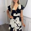 AX Paris Dresses Black And Stone Floral Print Short Sleeve Wrap Dress