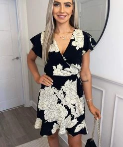 AX Paris Dresses Black And Stone Floral Print Short Sleeve Wrap Dress