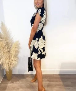 AX Paris Dresses Black And Stone Floral Print Short Sleeve Wrap Dress