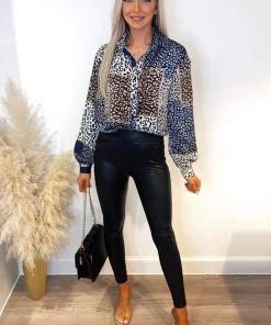 AX Paris Navy Animal Print Button Up Shirt