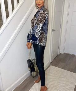 AX Paris Navy Animal Print Button Up Shirt