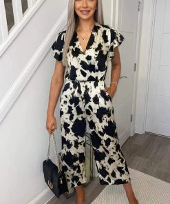 AX Paris Multi Abstract Print Wrap Frill Sleeve Jumpsuit Jumpsuits And Playsuits