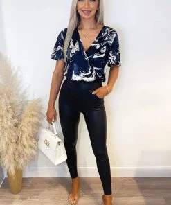 AX Paris Tops Navy Marble Print Wrap Over Bodysuit