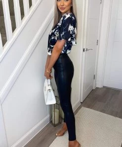 AX Paris Tops Navy Marble Print Wrap Over Bodysuit