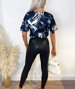 AX Paris Tops Navy Marble Print Wrap Over Bodysuit