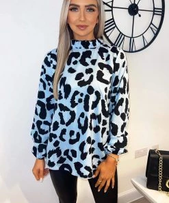 AX Paris Blue Animal Print High Neck Long Sleeve Top