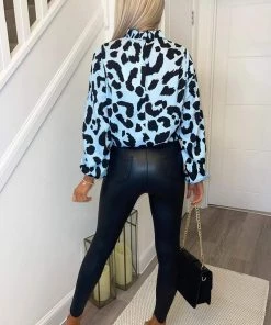 AX Paris Blue Animal Print High Neck Long Sleeve Top