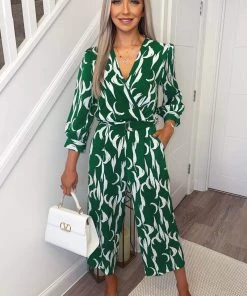 AX Paris Jumpsuits And Playsuits Green And White Printed Belted Jumpsuit