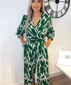 AX Paris Jumpsuits And Playsuits Green And White Printed Belted Jumpsuit