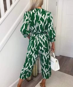 AX Paris Jumpsuits And Playsuits Green And White Printed Belted Jumpsuit