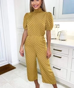 AX Paris Jumpsuits And Playsuits Mustard Polka Dot High Neck Culotte Jumpsuit