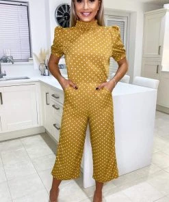 AX Paris Jumpsuits And Playsuits Mustard Polka Dot High Neck Culotte Jumpsuit