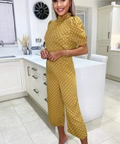 AX Paris Jumpsuits And Playsuits Mustard Polka Dot High Neck Culotte Jumpsuit