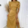 AX Paris Mustard Polka Dot Ruched Short Sleeve Midi Dress Dresses