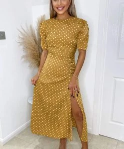 AX Paris Mustard Polka Dot Ruched Short Sleeve Midi Dress Dresses