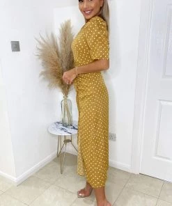 AX Paris Mustard Polka Dot Ruched Short Sleeve Midi Dress Dresses
