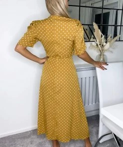 AX Paris Mustard Polka Dot Ruched Short Sleeve Midi Dress Dresses