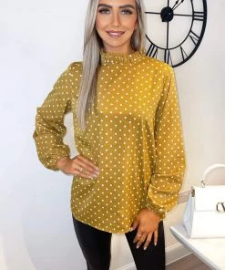 AX Paris Mustard Polka Dot High Neck Long Sleeve Top